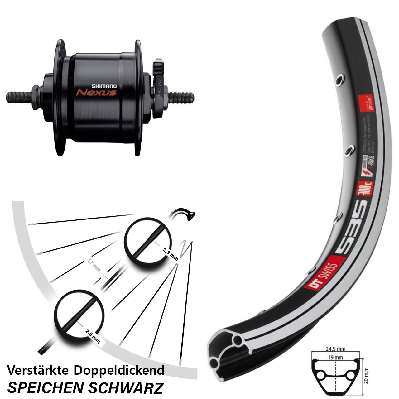 28 Zoll DT Swiss 535 Shimano DH-C3000-3N Nabendynamovorderrad Vollachse