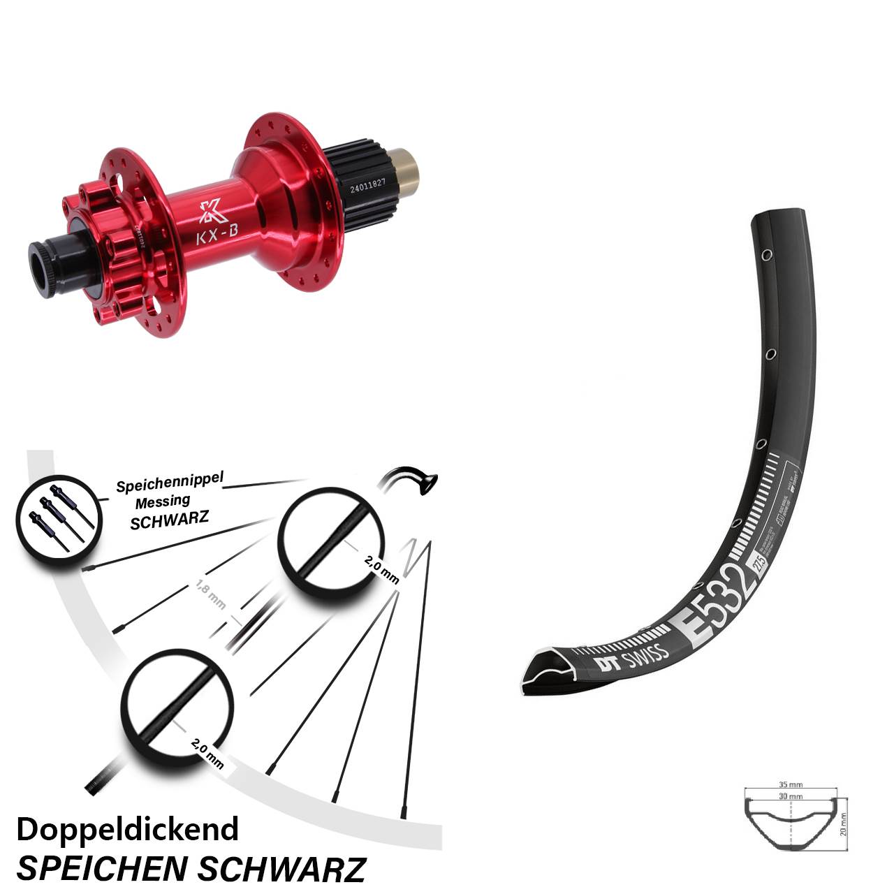 6-Loch Hinterrad 12x148 29 Zoll DT Swiss E532 KX-B rot Shimano Micro Spline