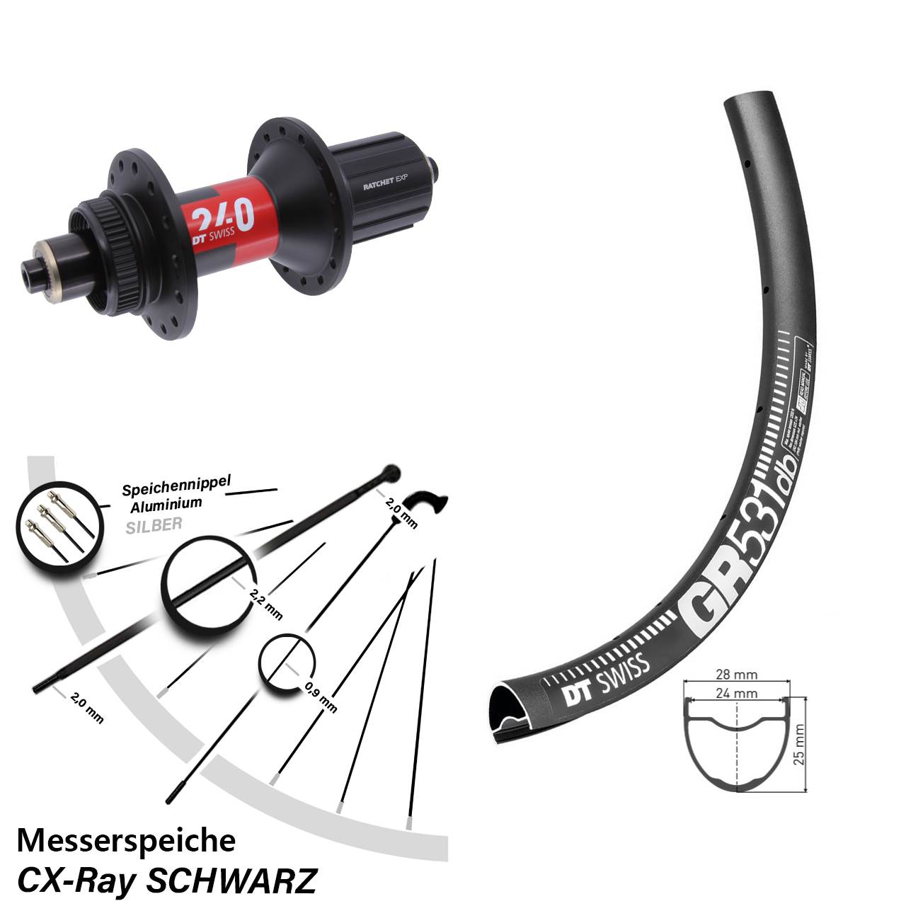 GR531 DT Swiss 240 28-29 Zoll Hinterrad Centerlock für Schnellspanner CX-Ray 11-12 fach