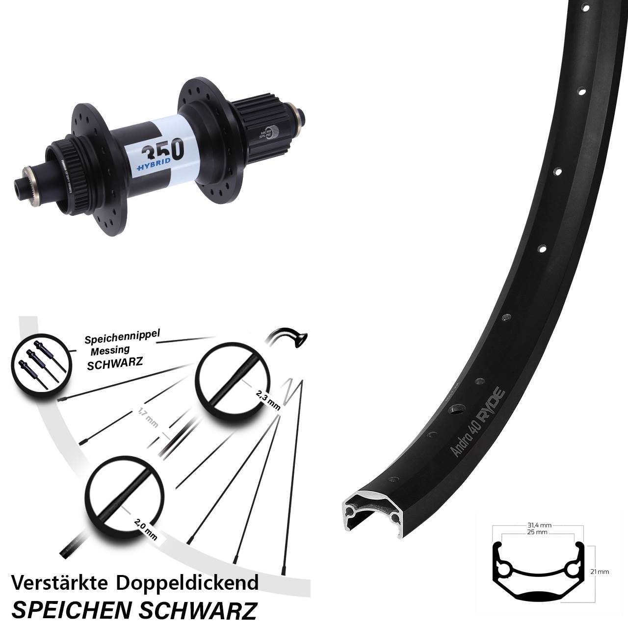 27,5 Zoll Ryde Andra 40 DT Swiss Hybrid 350 Boost Hinterrad Centerlock QR Micro Spline