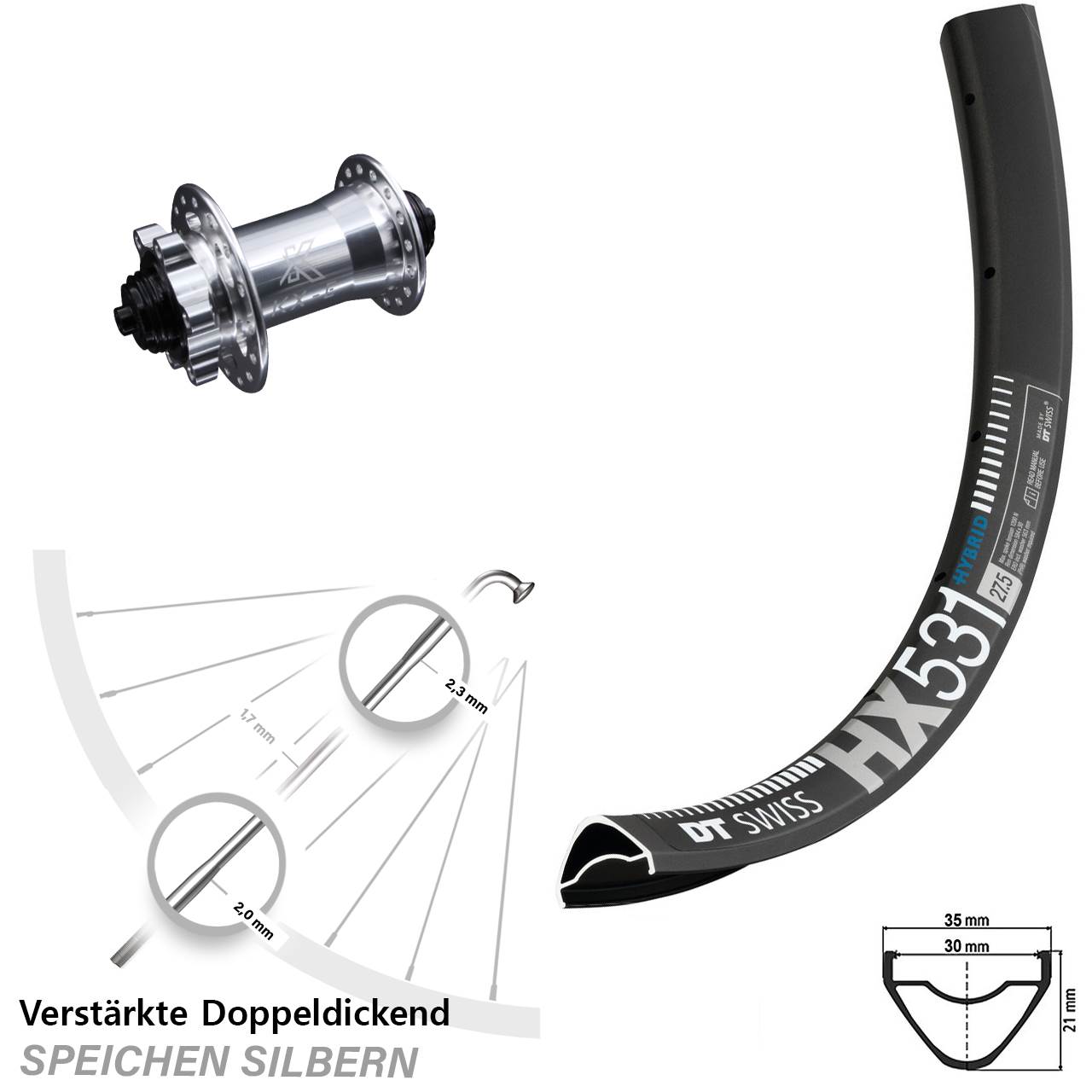 KX-E silbern 6-Loch 5x100 mm DT Swiss HX 531 Vorderrad 29 Zoll verstärkt