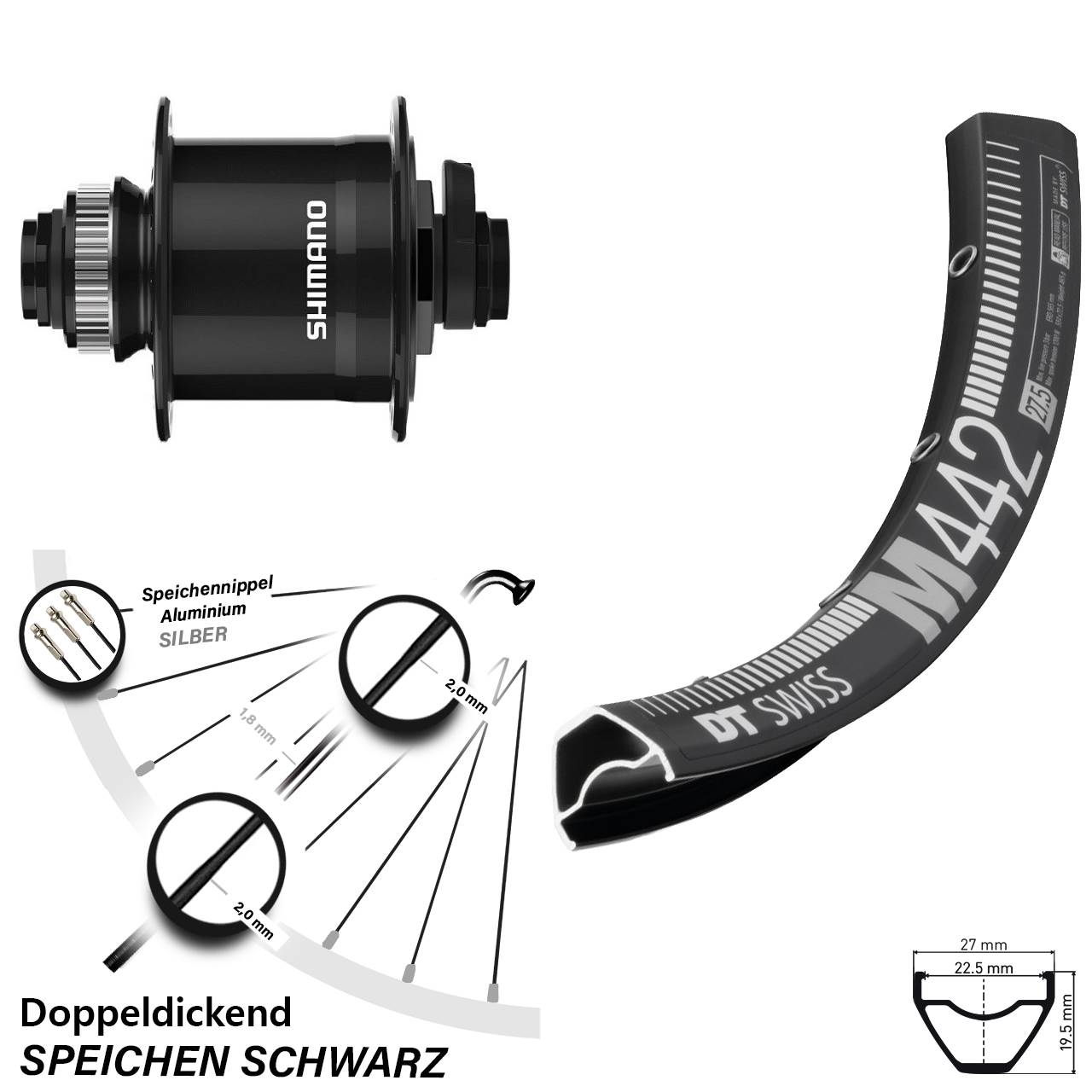 28-29 Zoll DT Swiss M442 Shimano DH-UR708 Centerlock Vorderrad mit Nabendynamo 15x100