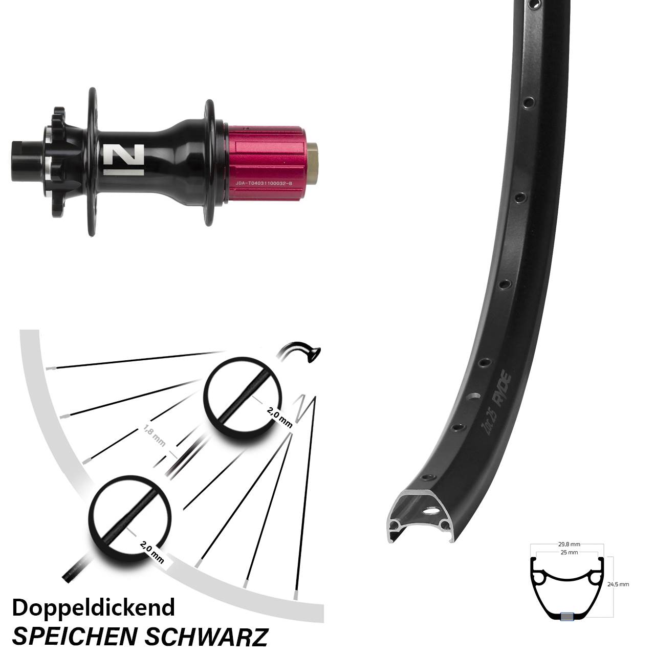 Ryde ZAC 25 Novatec D792 28 Zoll Hinterrad 6-Loch 12x142 8-12 fach