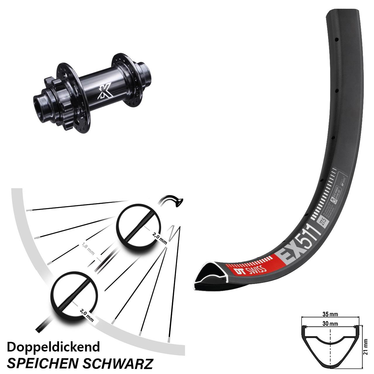 DT Swiss EX 511 Disc KX-M 27,5 Zoll 6-Loch Vorderrad 20x110 non Boost