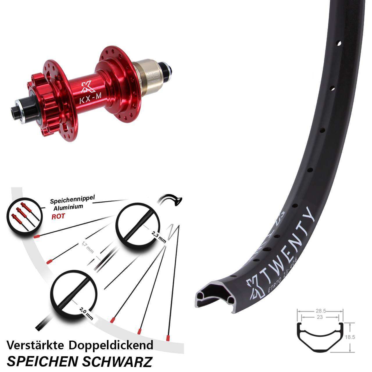 Hinterrad rote Nabe 6-Loch 20 Zoll KX-M Twenty SRAM XD für Schnellspanner