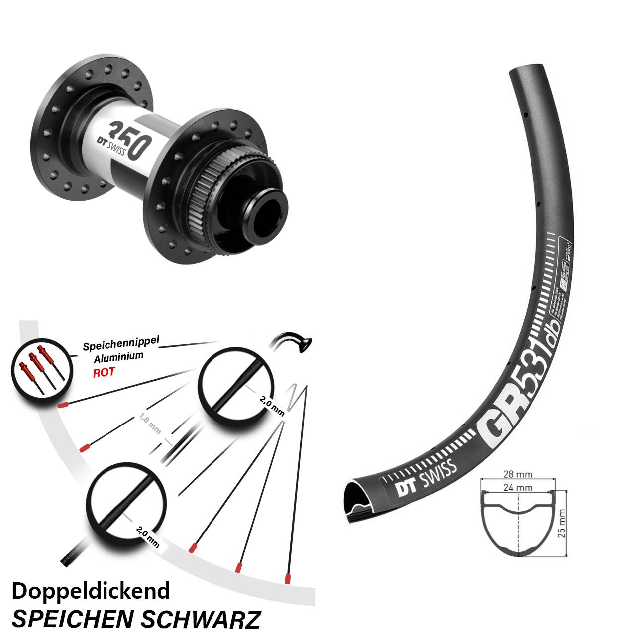 Vorderrad 28 Zoll DT Swiss GR 531 Disc 350 12x100 schwarz