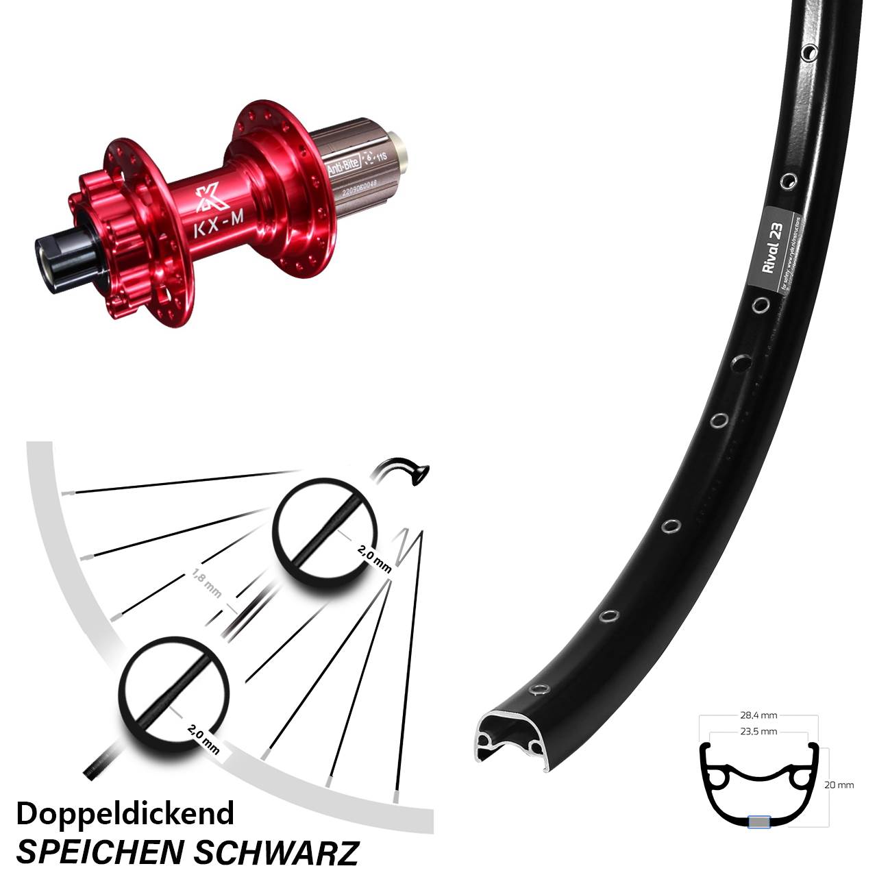 27,5 Zoll Ryde Rival 23 Hinterrad KX-M 8-12 fach 12x142