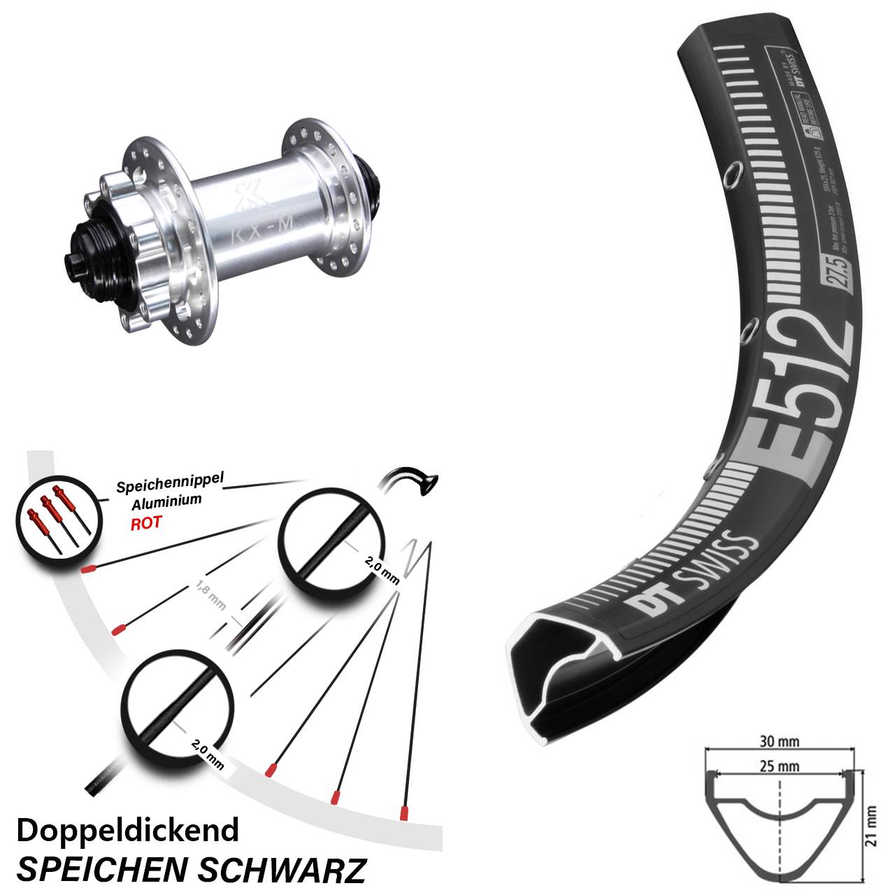 Laufrad 27,5 Zoll DT Swiss E 512 Disc KX-M 6-Loch 5/100 silbern