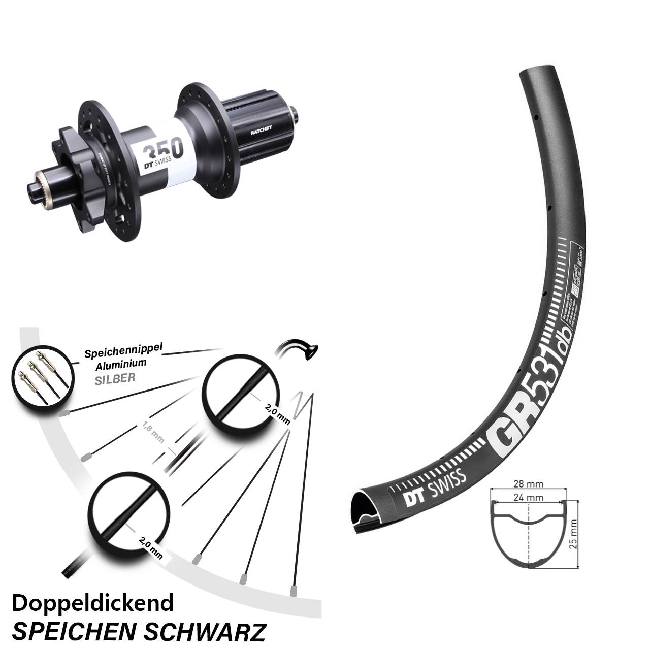 27,5 Zoll DT Swiss GR531-350 Disc Laufrad QR 8-11 fach