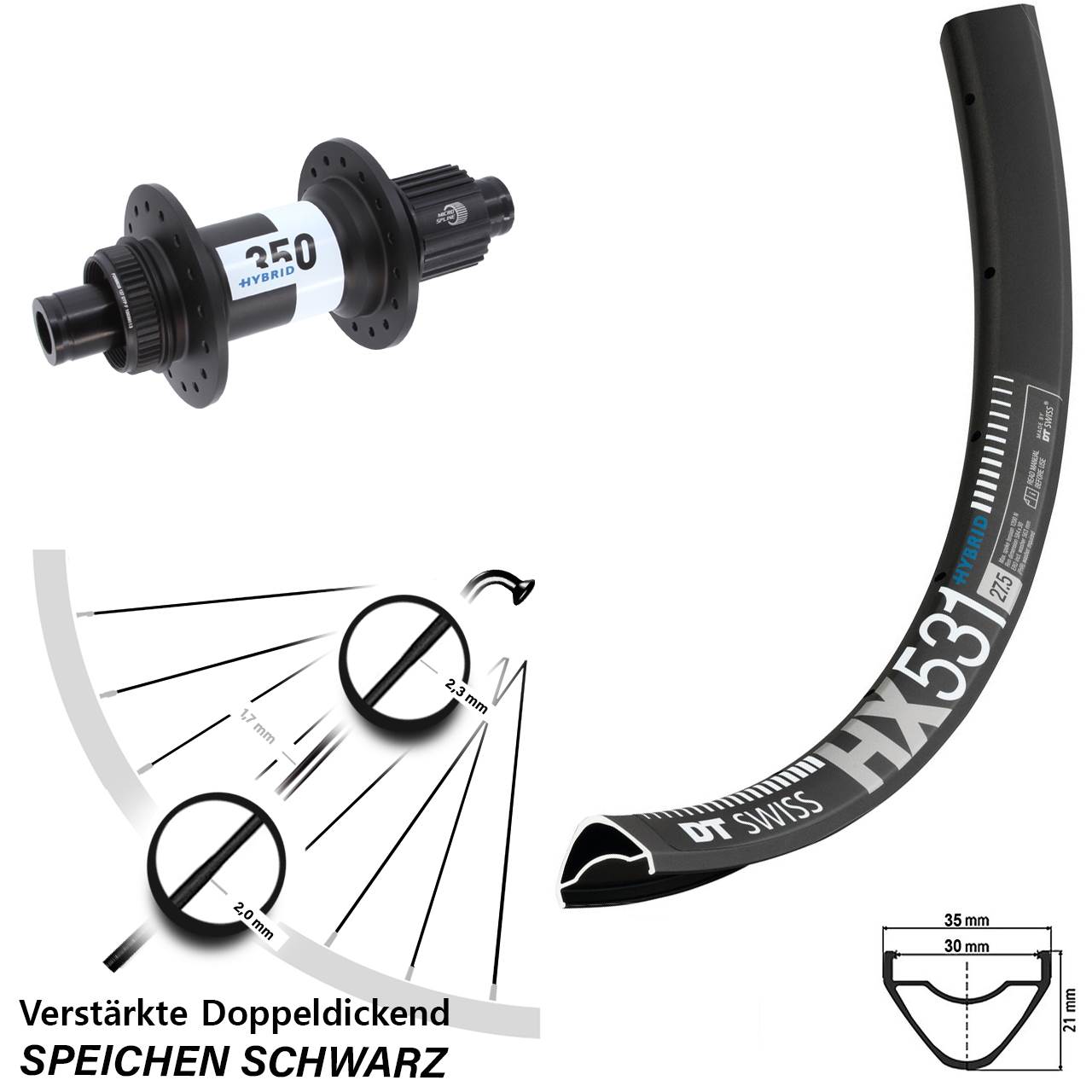 27,5 Zoll DT Swiss HX531-350 Hybrid Disc Hinterrad 12x148 Boost Micro Spline