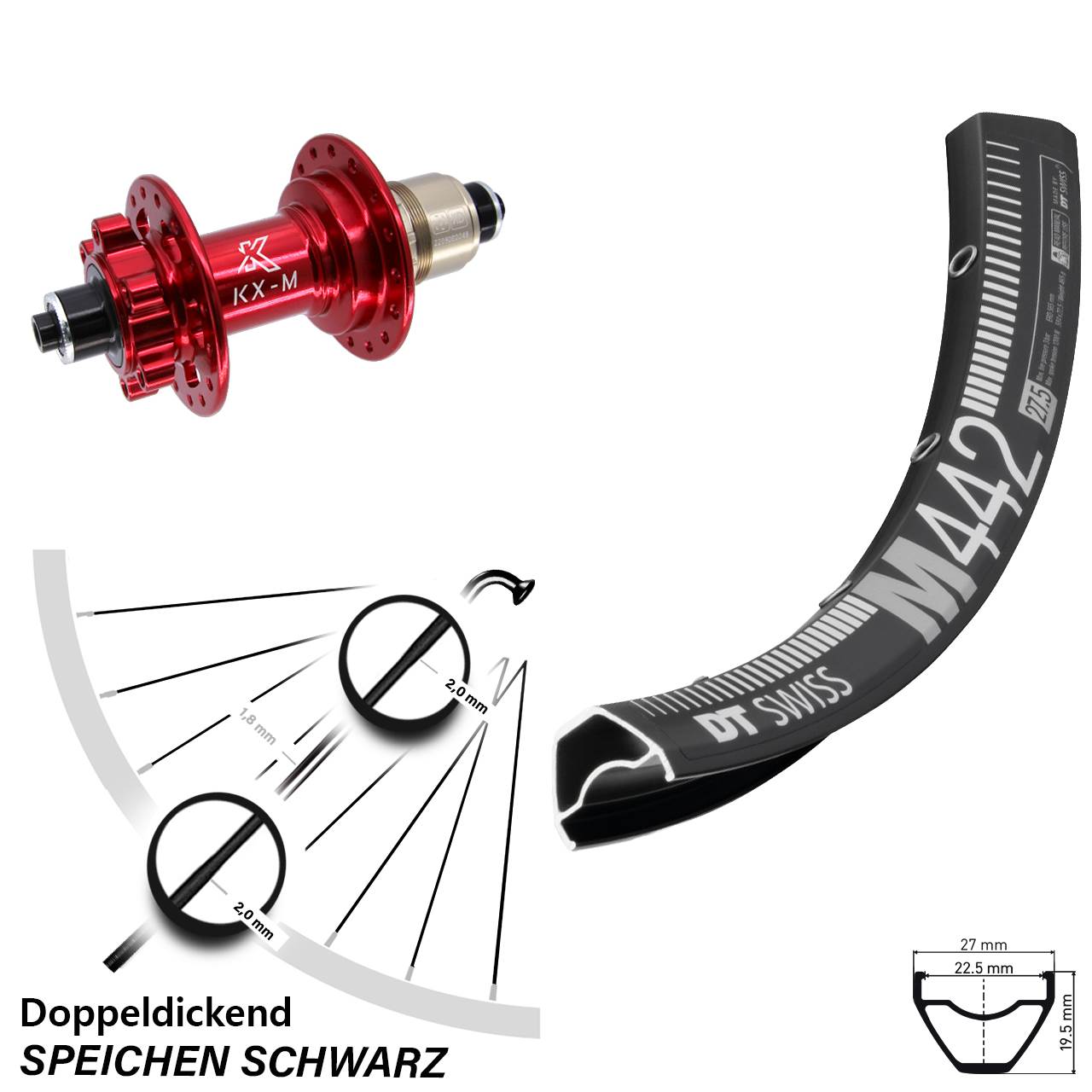 29 Zoll DT Swiss M 442 KX-M rot Hinterrad 6-Loch für Schnellspanner SRAM XD