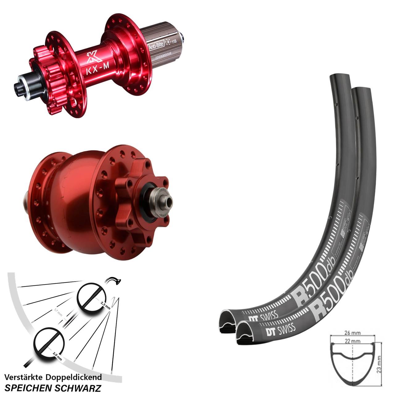 DT Swiss R500 KX-M rot Disc 6-Loch SON 28 Zoll Laufradsatz für Schnellspanner 8-12 fach