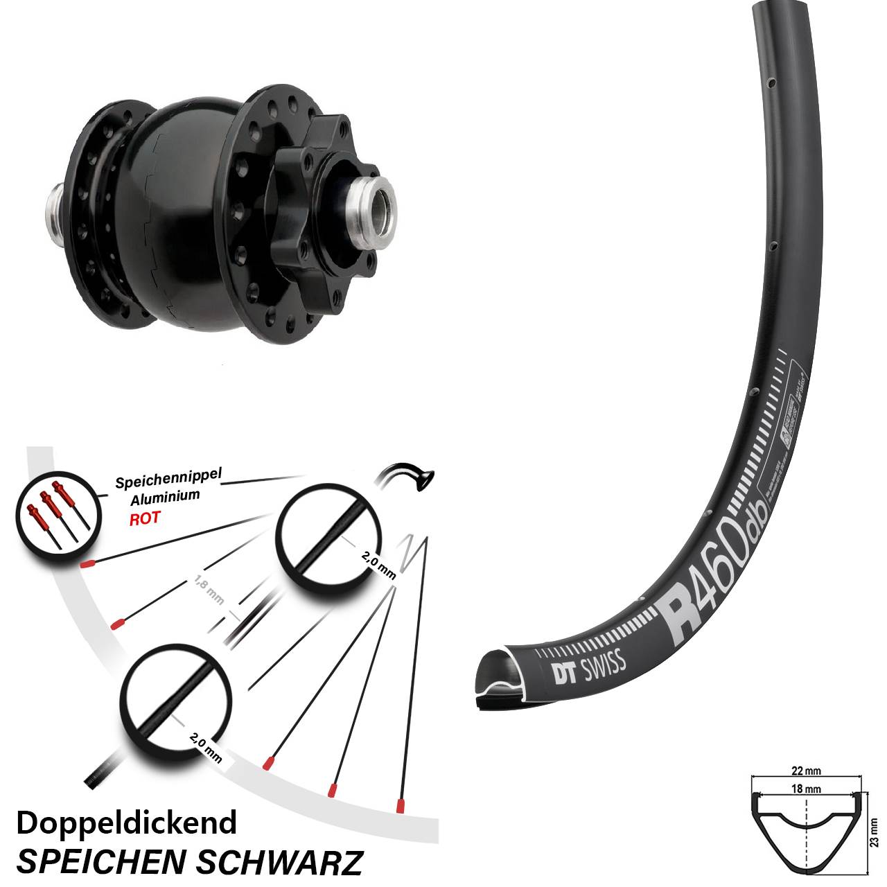 28 Zoll Nabendynamo Vorderrad DT Swiss R 460 DB Son 28-12 6-Loch