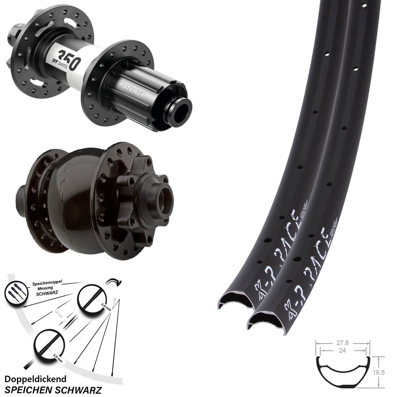 DT Swiss 350 Laufradsatz KX-R Race 29 Zoll Steckachse 11-fach SON Dynamo schwarz