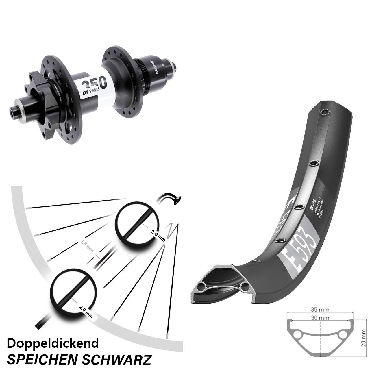 DT Swiss E593-350 29 Zoll Hinterrad 6-Loch für Schnellspanner Boost XD