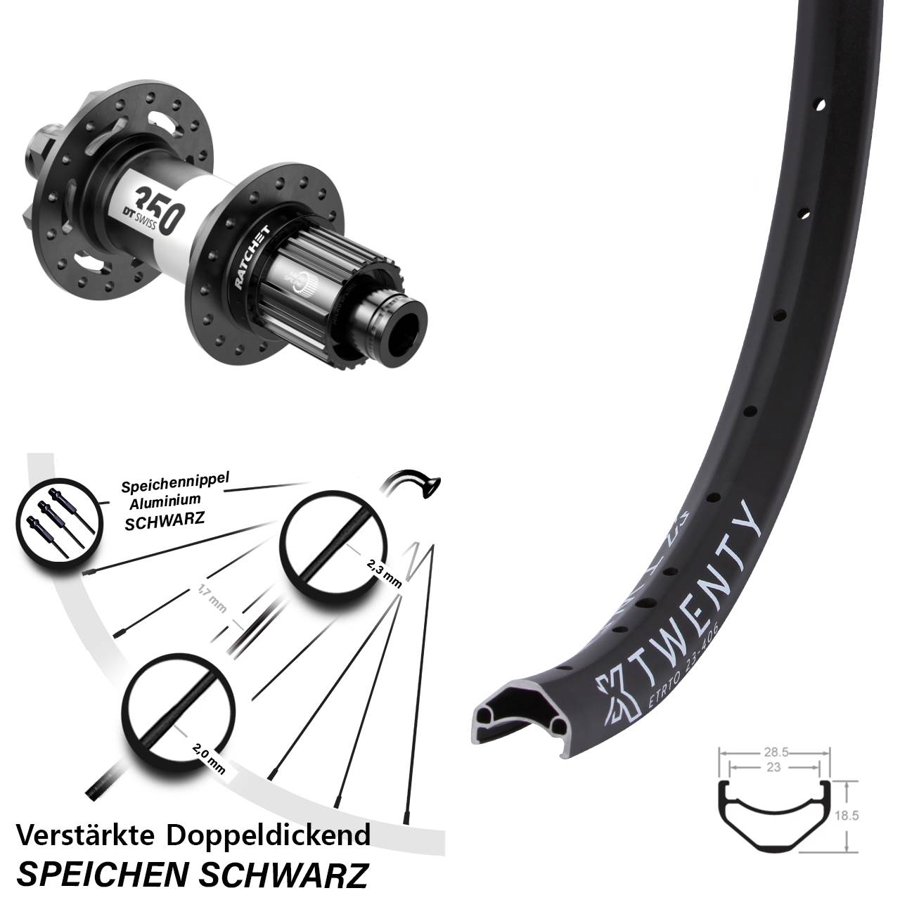 20 Zoll KX Twenty DT Swiss 350 Ratchet 36 Boost 6-Loch Hinterrad 12x148 Micro Spline