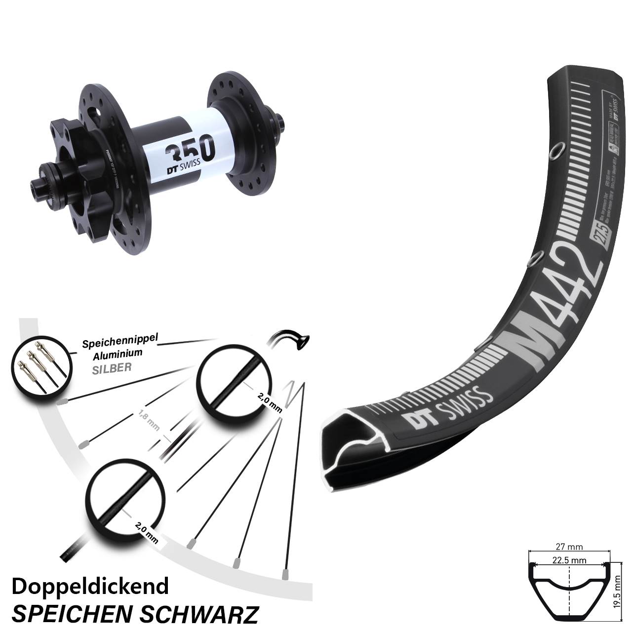 28 Zoll DT Swiss M 442-350 6-Loch Vorderrad für Schnellspanner