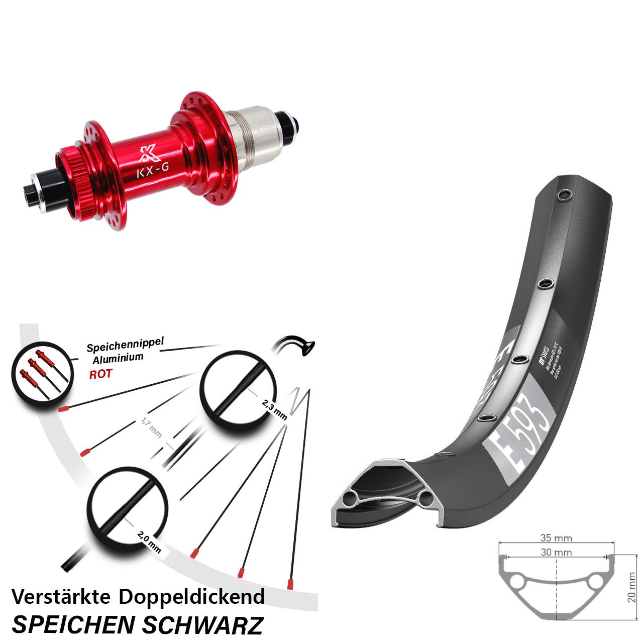 Hinterrad Centerlock 29 Zoll DT Swiss E 593 KX-G rot XDR QR