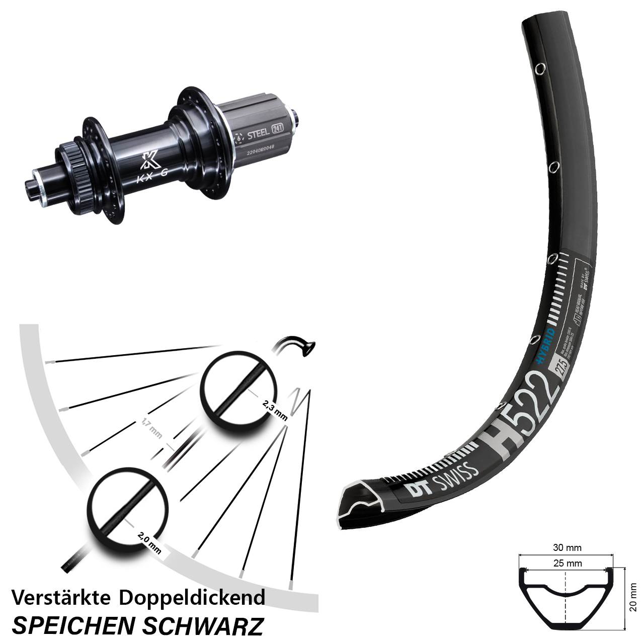 29 Zoll Hinterrad KX-GS 5x135 Centerlock DT Swiss H 522 Shimano 8-12 fach