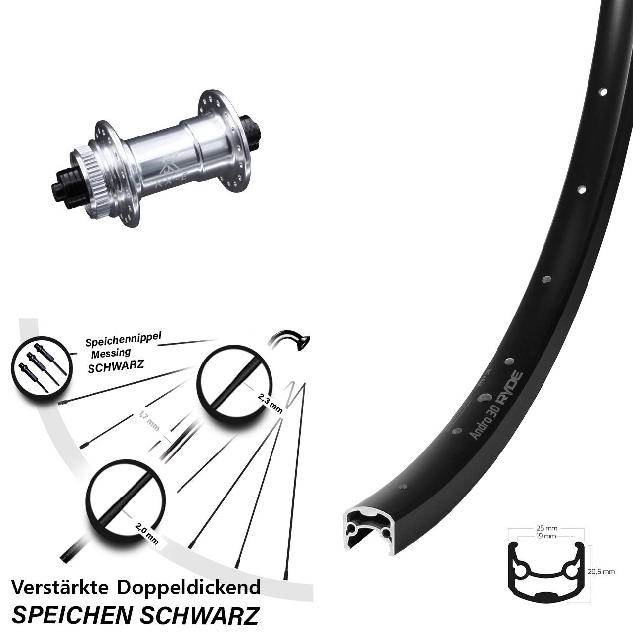 28-29 Zoll Ryde Andra 30 Disc KX-E verstärkt Centerlock Vorderrad für Schnellspanner