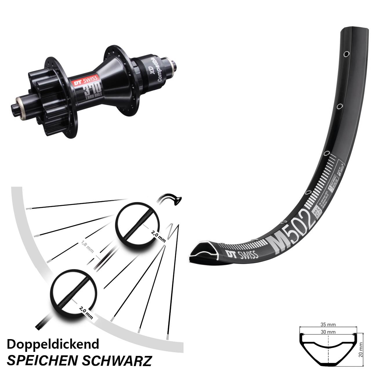 DT Swiss M502-370 27,5 Zoll Disc Laufrad QR XD 11-12 fach