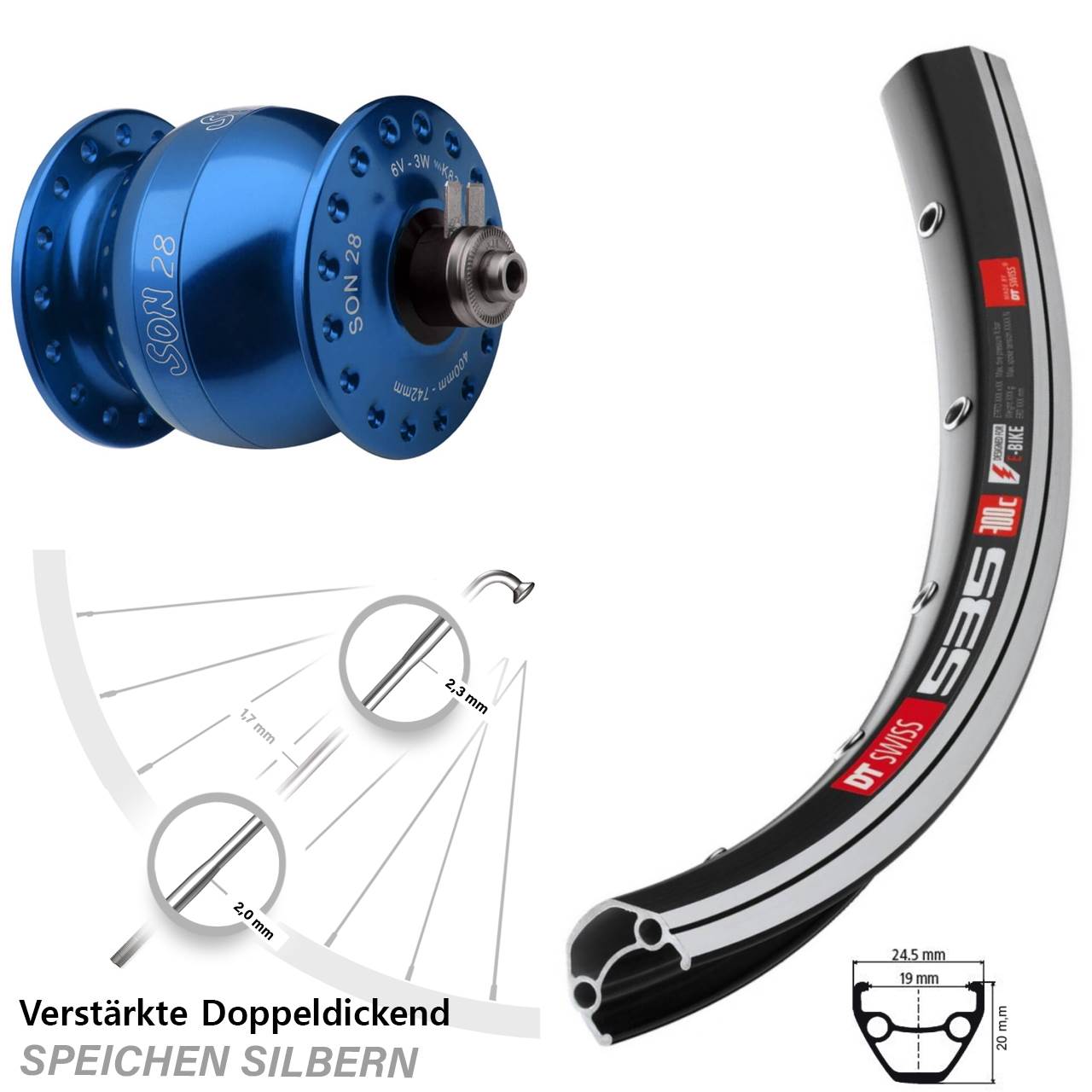 blau DT Swiss 535 SON 28 Zoll Laufrad mit Nabendynamo für Schnellspanner