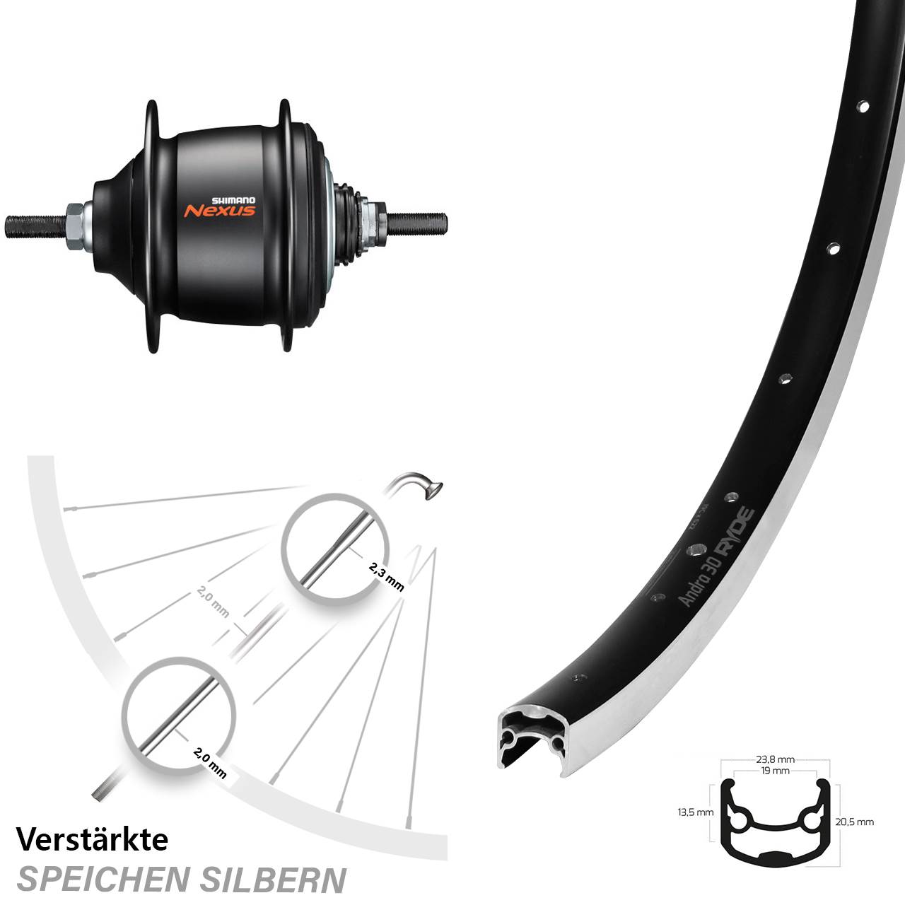 28 Zoll Hinterrad Ryde Andra 30 Shimano 8 Gang Nexus Freilauf