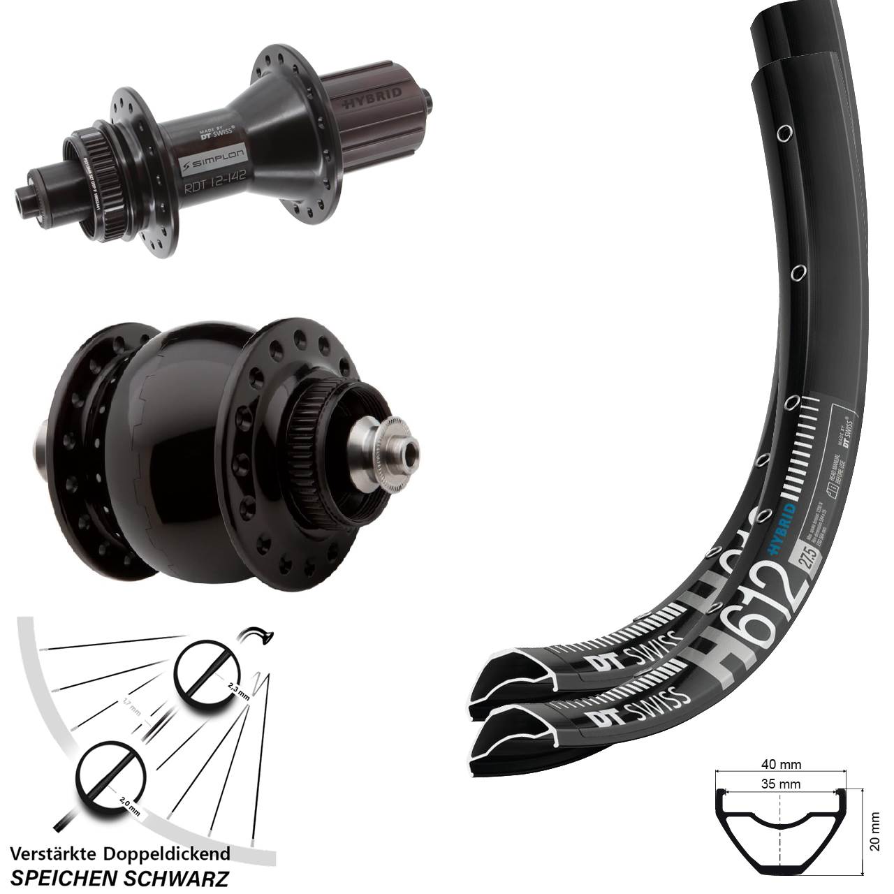27,5 Zoll DT Swiss H612-370 Hybrid SON delux Laufradsatz 8-11 fach