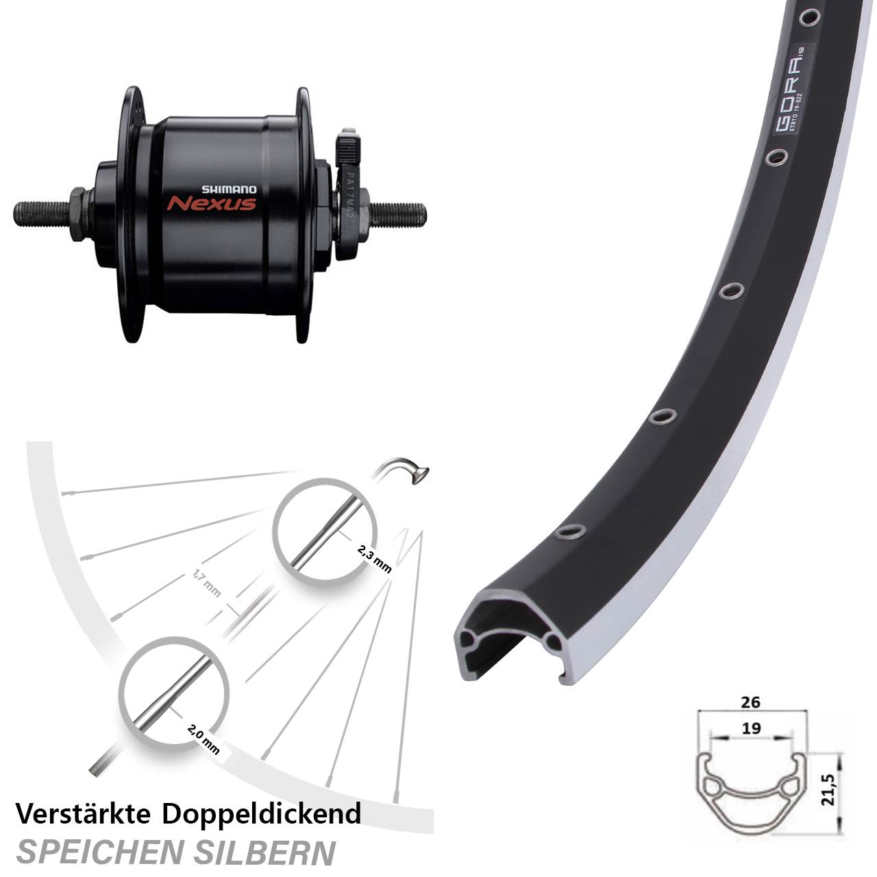 Vorderrad mit Nabendynamo 28 Zoll Gora 19 Shimano Nexus DH-C3000-3N Vollachse