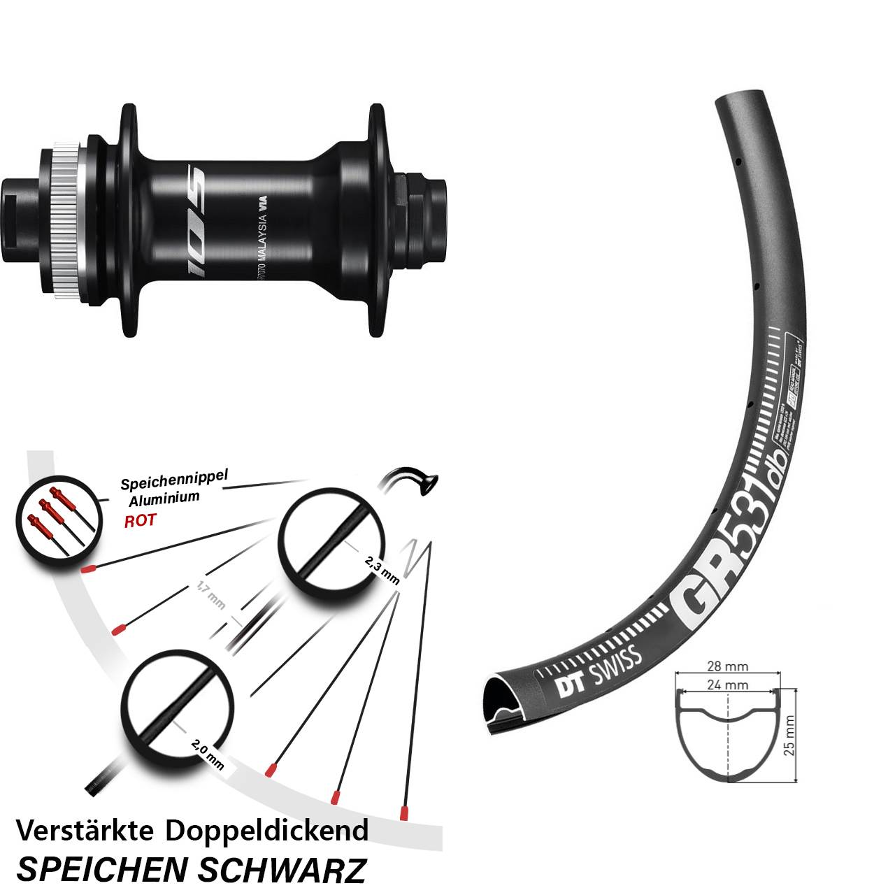 verstärktes Vorderrad Gravel DT Swiss GR 531 DB Steckachse Nabe Shimano 105