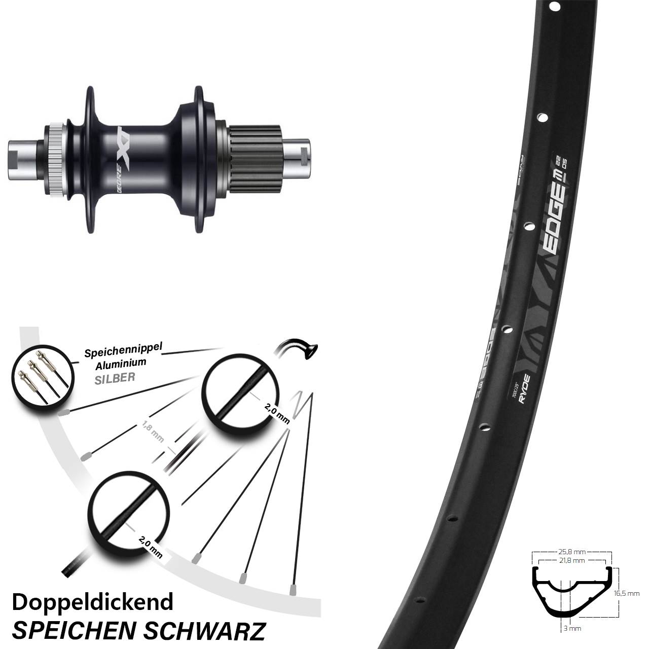 Hinterrad 29 Zoll Ryde Edge M22 OS Shimano Deore XT FH-M8110 Micro Spline