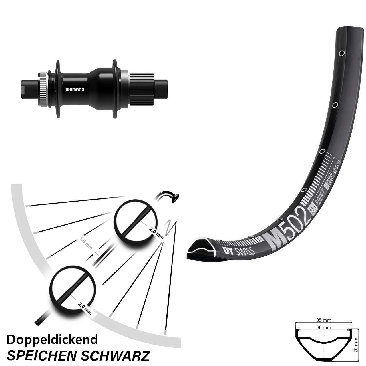 DT Swiss M 502 Shimano FH-TC500-B 27,5 Zoll Hinterrad Centerlock 12x148 Boost Micro Spline