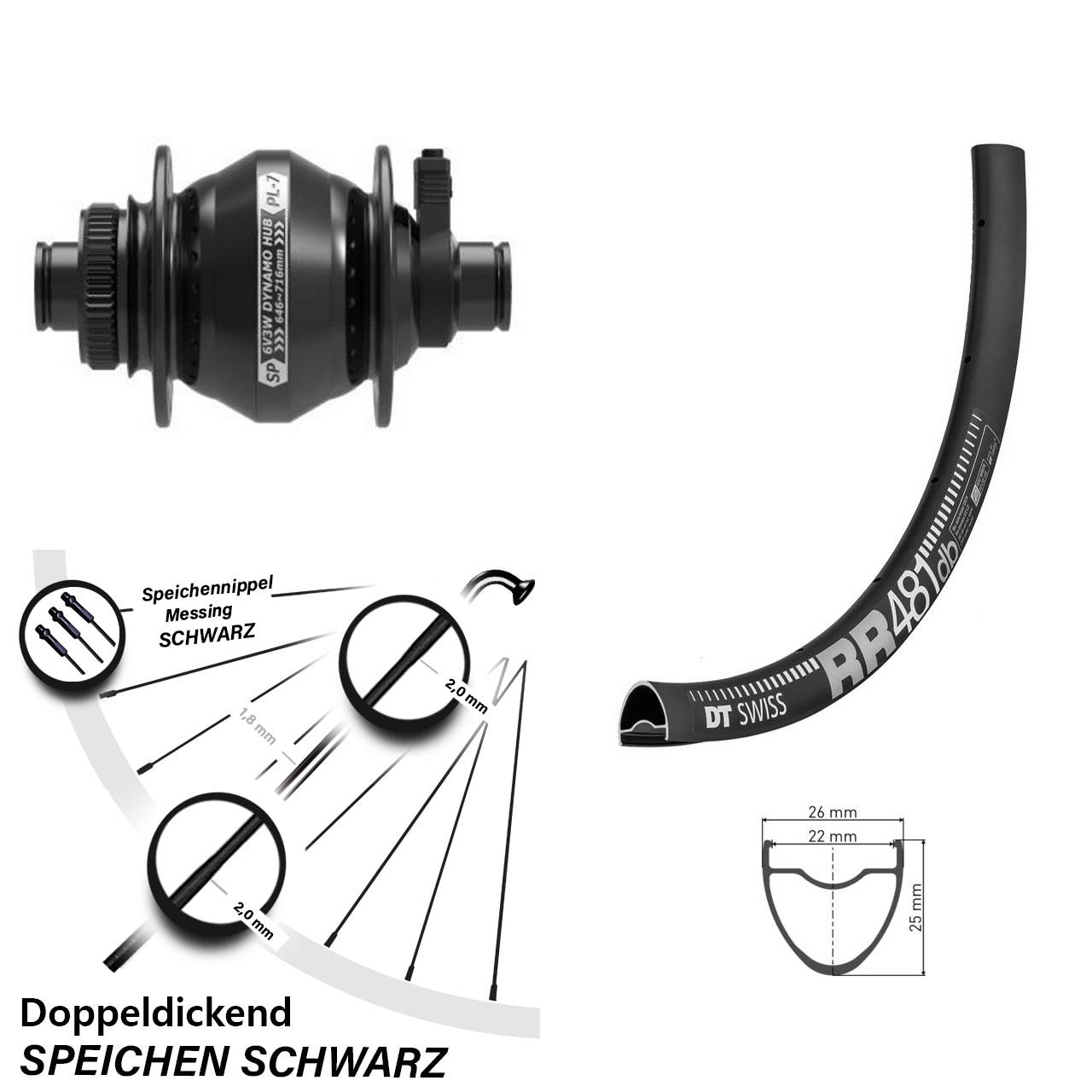 Nabendynamo DT Swiss RR 481 DB 28 Zoll Scheibenbrems-Rennrad-Vorderrad