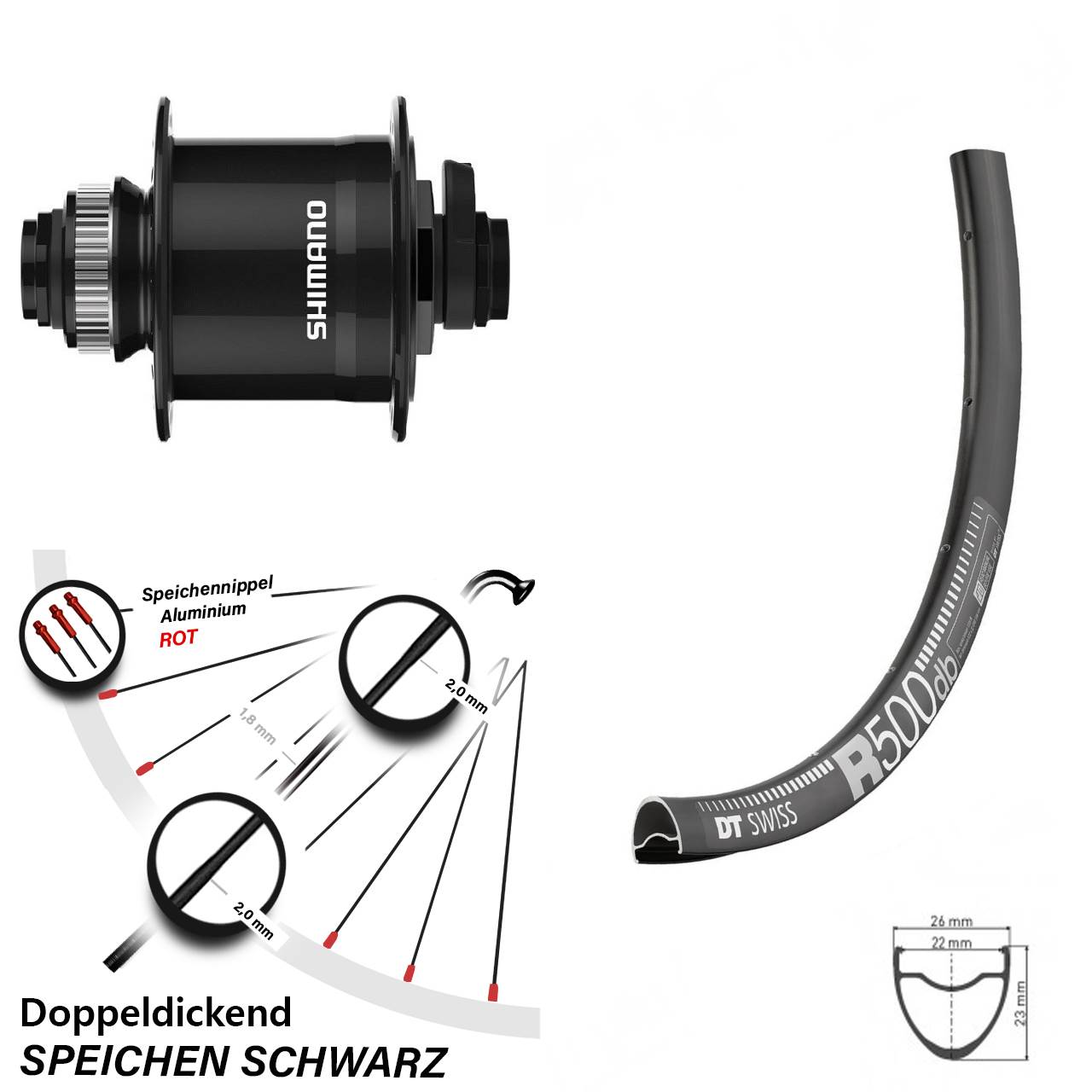 Disc Nabendynamovorderrad 28-29 Zoll DT Swiss R 500 Shimano DH-UR708 15x100