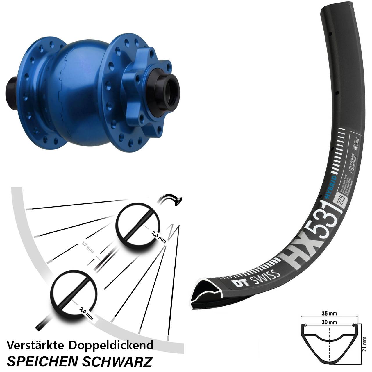 SON 28 blau DT Swiss HX531 29 Zoll Disc Vorderrad mit Nabendynamo 15x110 Boost