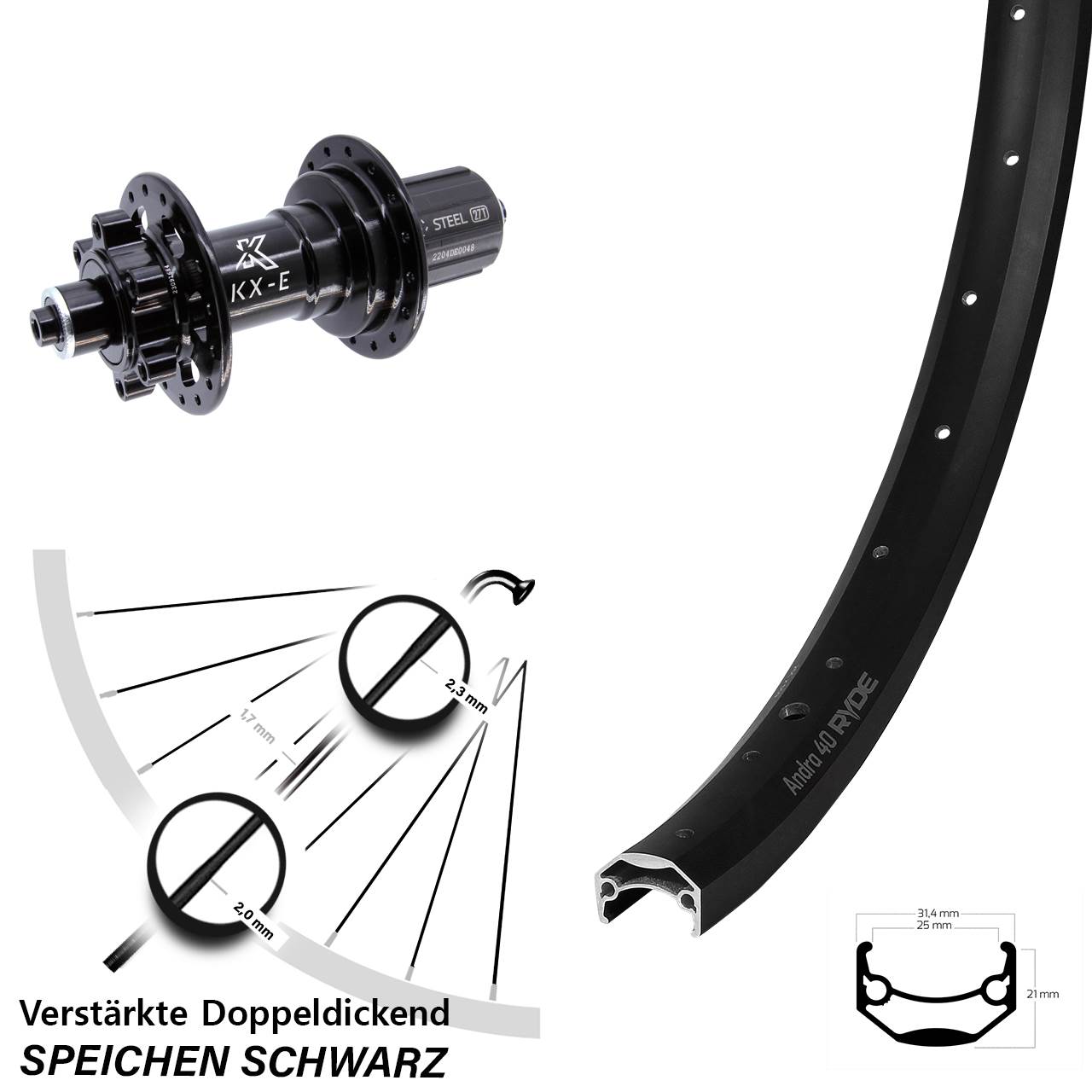 Ryde Andra 40 KX-E 26 Zoll Disc Laufrad für Schnellspanner Boost 8-12 fach
