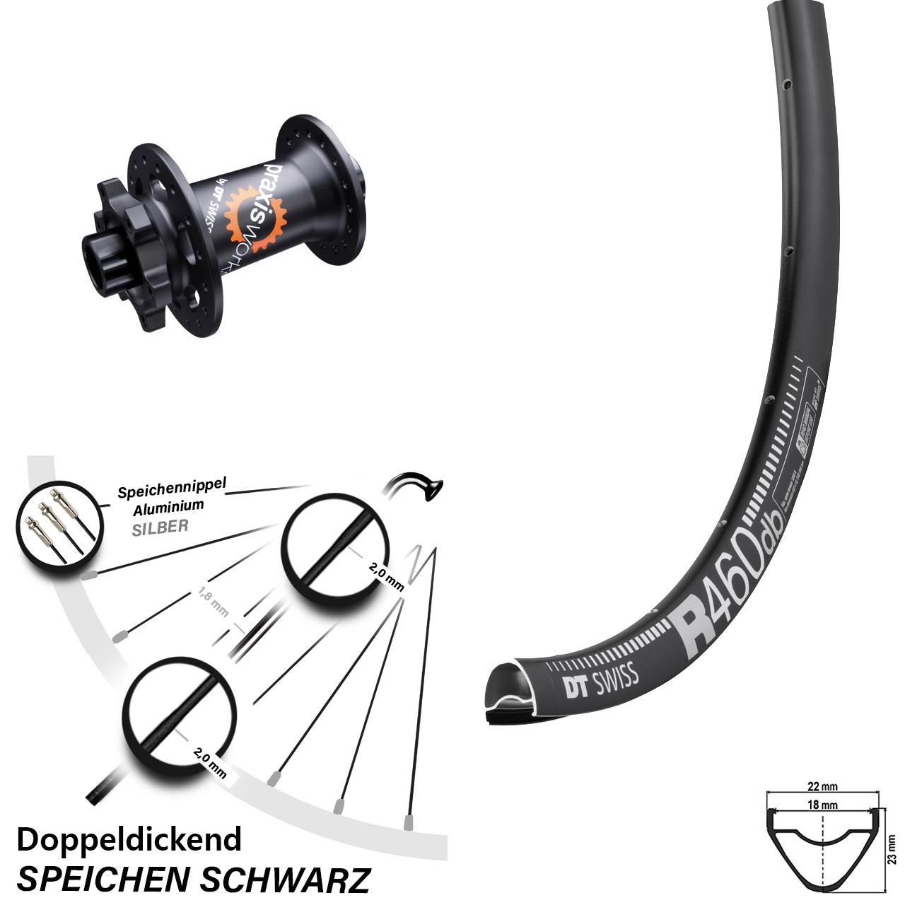28 Zoll Vorderrad 6-Loch DT Swiss 350 Steckachse 15x100 mit 460 Felge