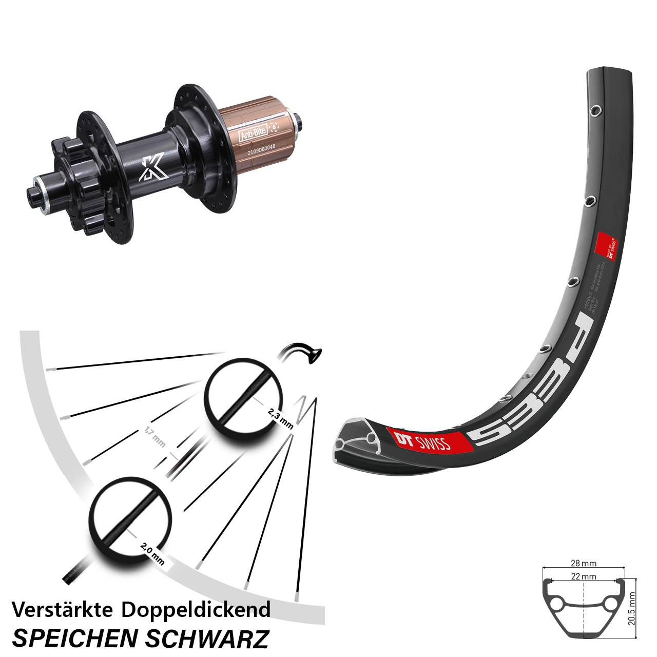 27,5 Zoll DT Swiss 533 D KX-M Disc Hinterrad QR 8-12 fach HG