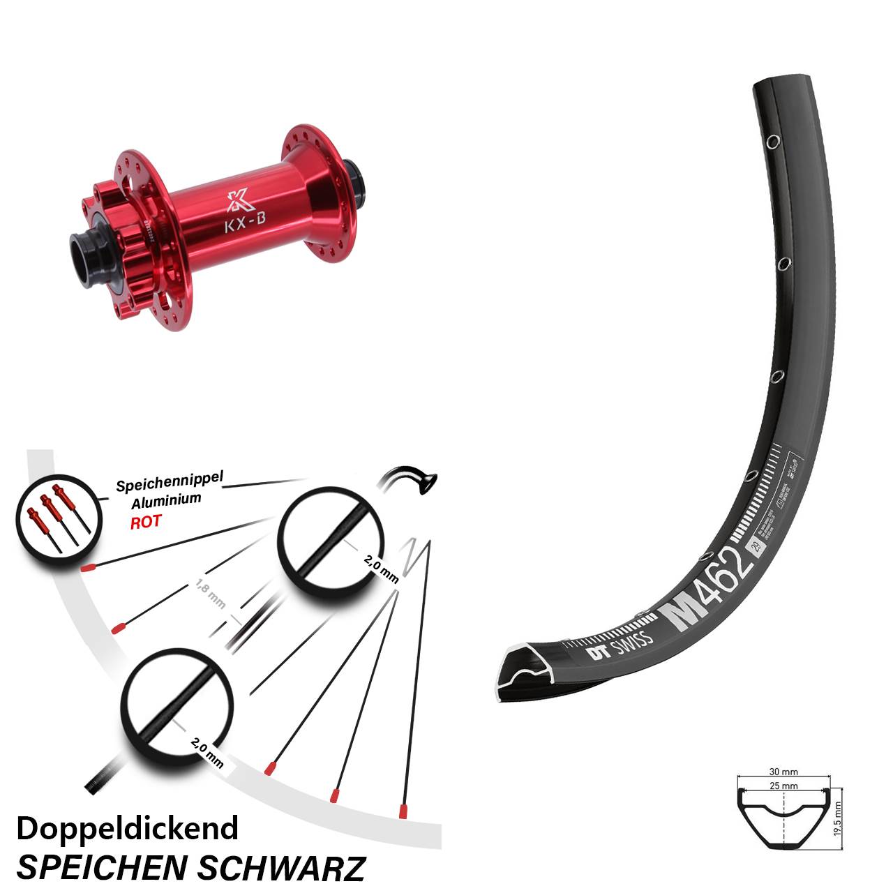 Boost Vorderrad 6-Loch 15x110 27,5 Zoll DT Swiss M462 KX-B rot