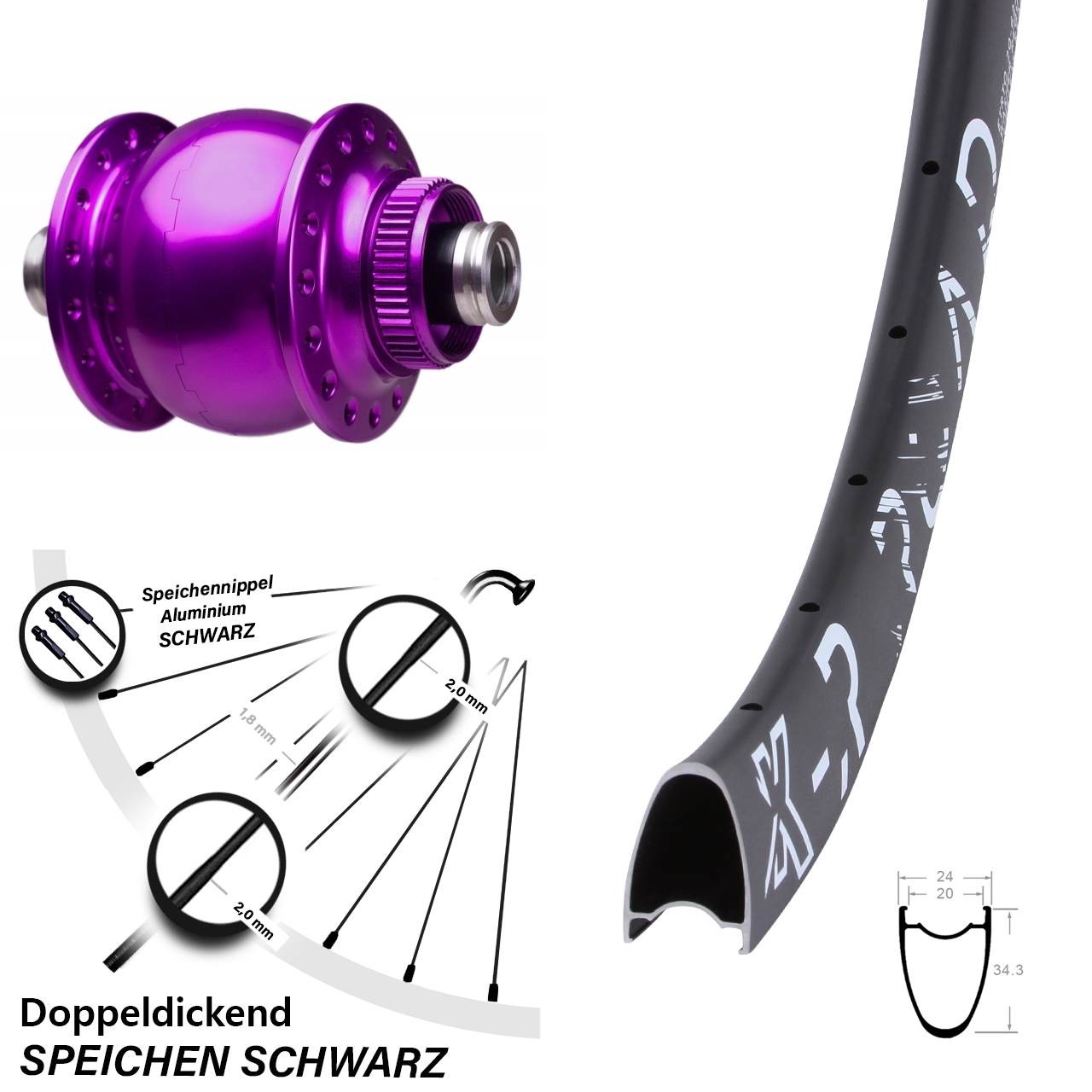 Laufrad 28 Zoll KX-R Road SON 28-12x100 Centerlock violett
