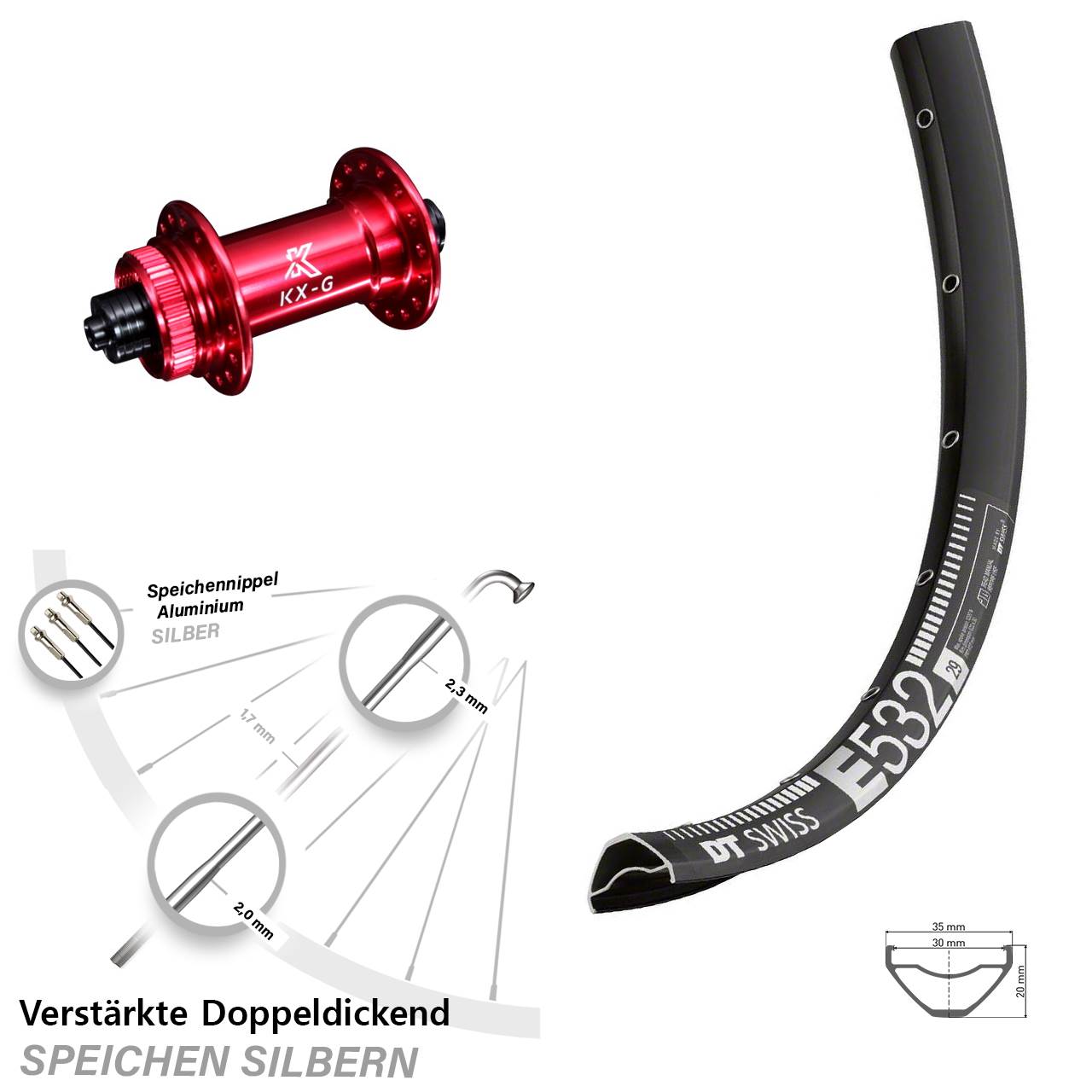 Disc Laufrad für Schnellspanner 29 Zoll DT Swiss E532 KX-G rot