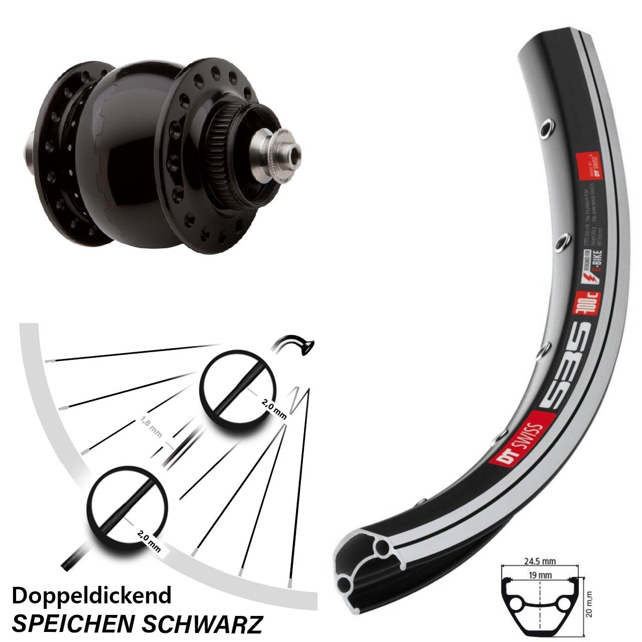 Vorderrad Fahrrad 28 Zoll DT Swiss 535 schwarz SON delux Dynamo
