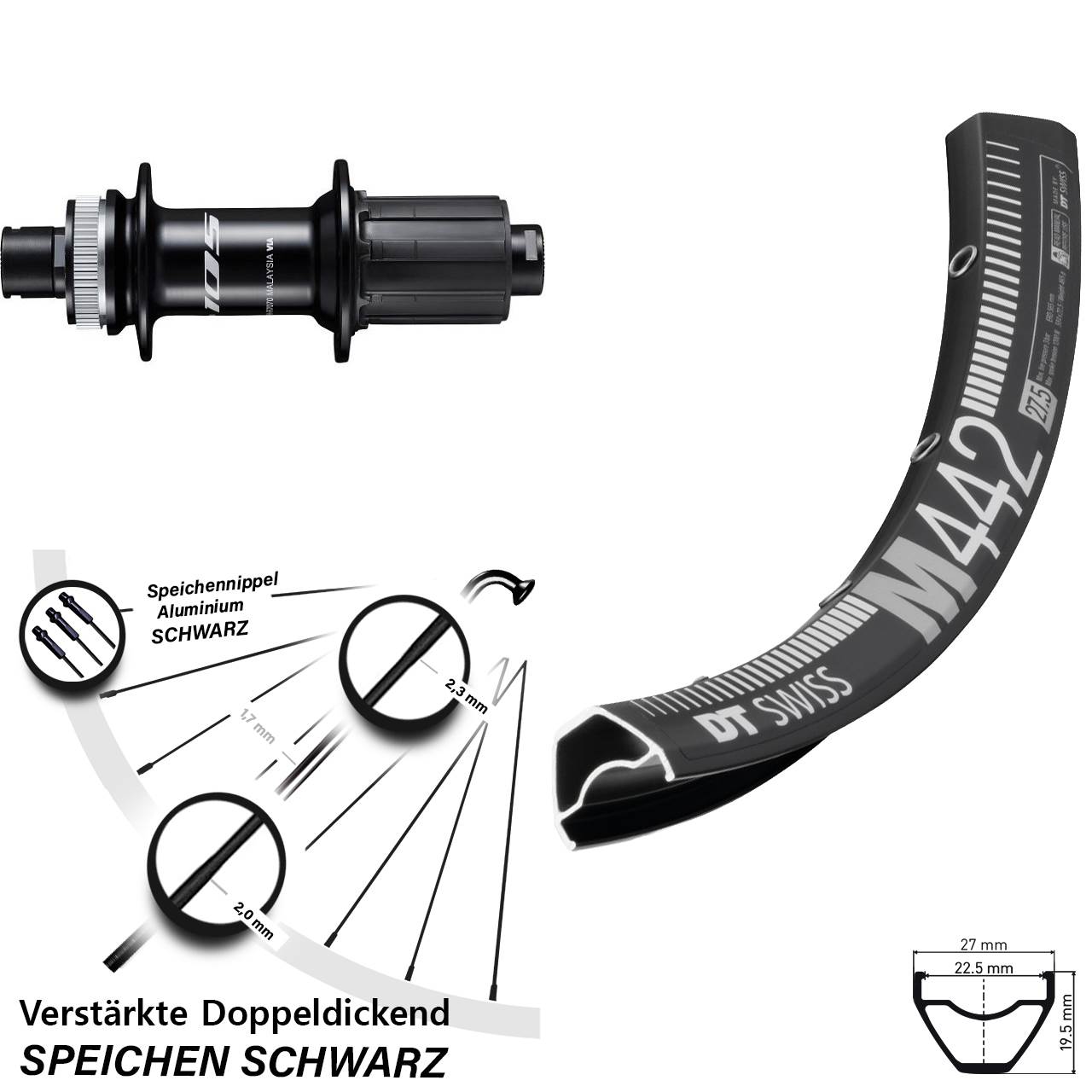Hinterrad Centerlock 12x142 29 Zoll DT Swiss M442 Shimano 105 8-12 fach HG