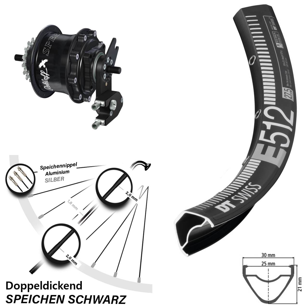 Hinterrad 27,5 Zoll DT Swiss E 512 Disc Rohloff Speedhub 500/14 TS DB OEM2 schwarz