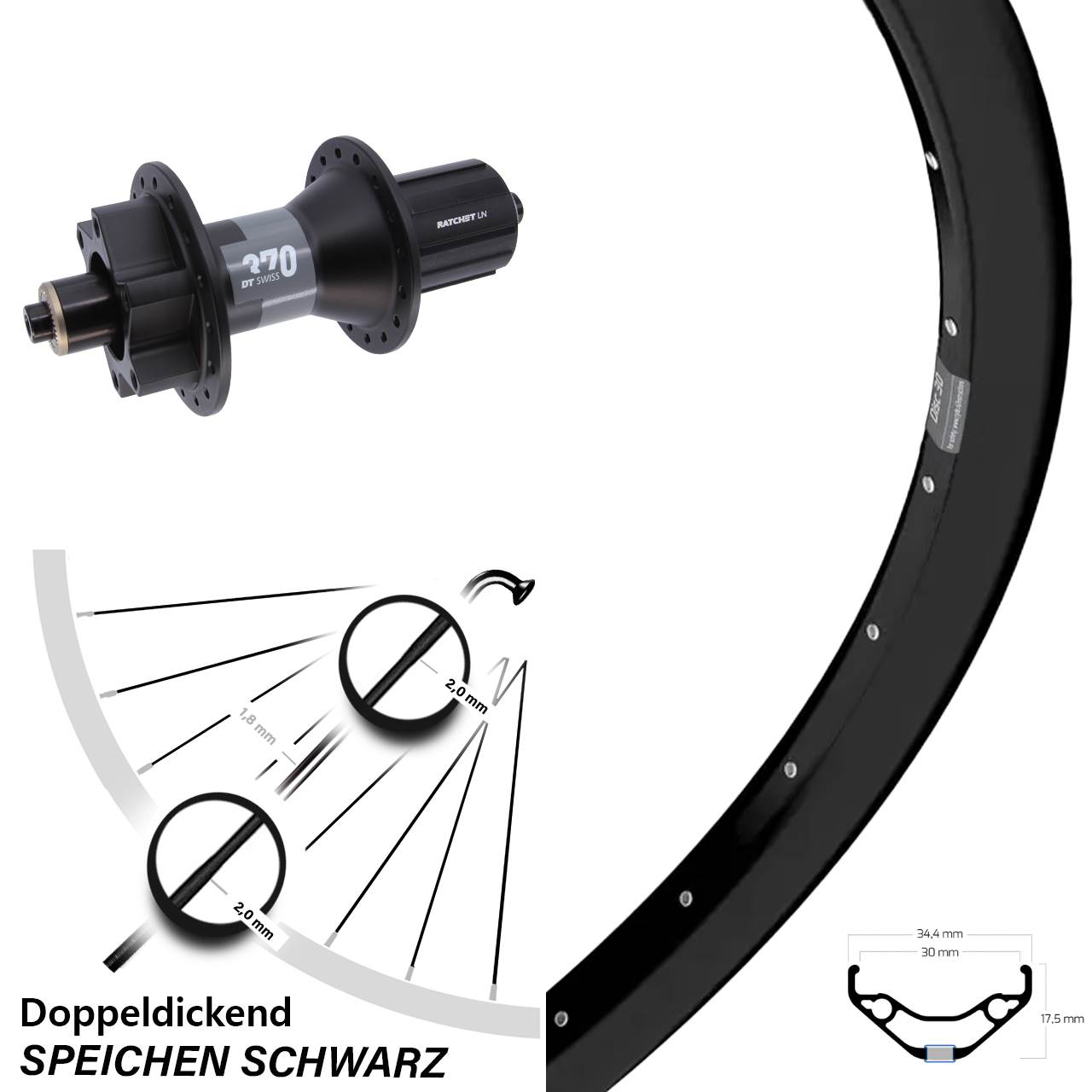 Ryde Disc 30 DT Swiss 370 27,5 Zoll Laufrad für Schnellspanner 8-11 fach