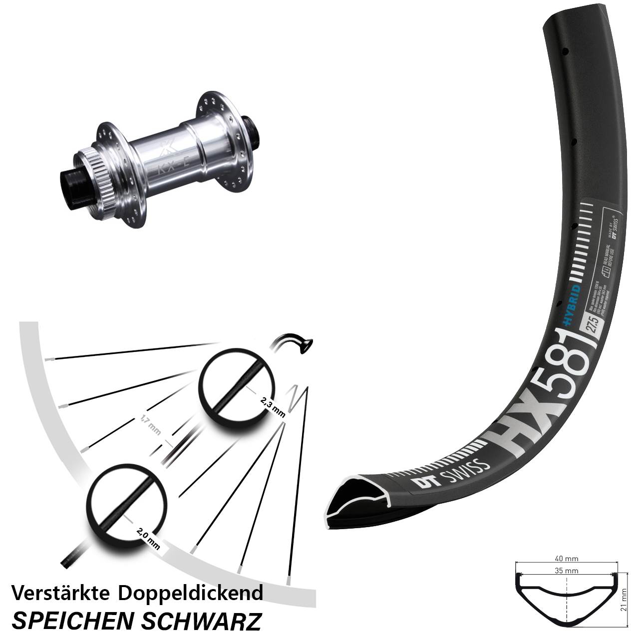 Disc Laufrad 15x100 27,5 Zoll DT Swiss HX581 KX-E