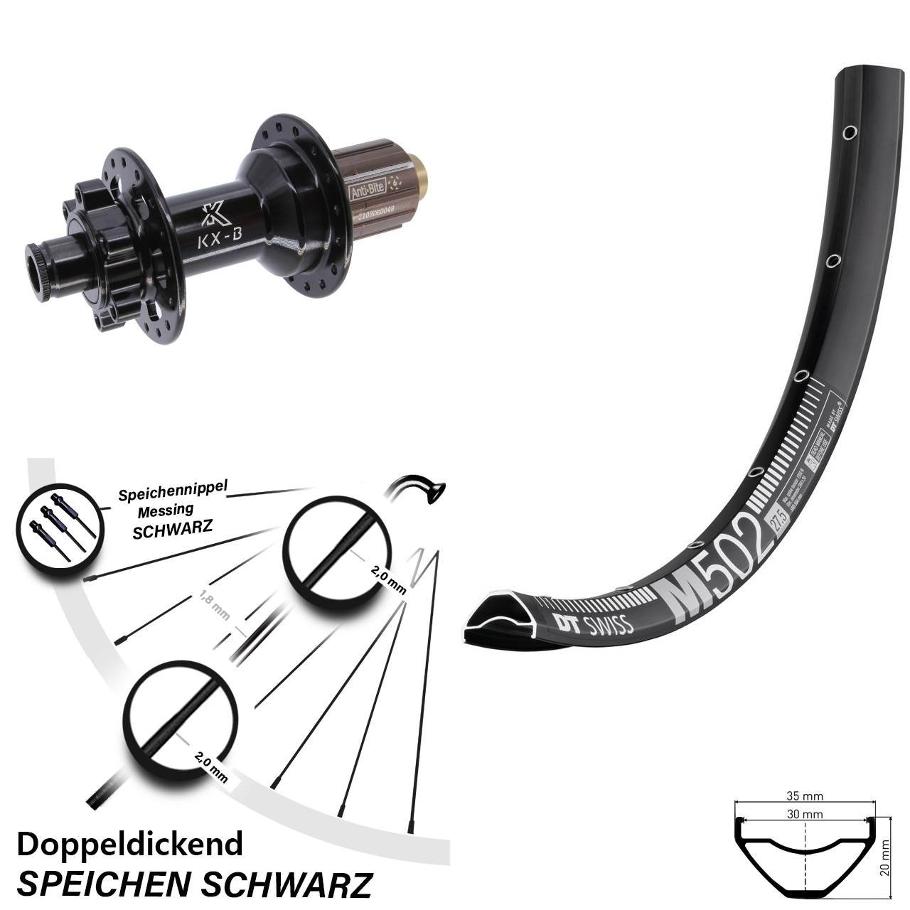 DT Swiss M 502 27,5 Zoll Hinterrad KX-B 6-Loch 12x148
