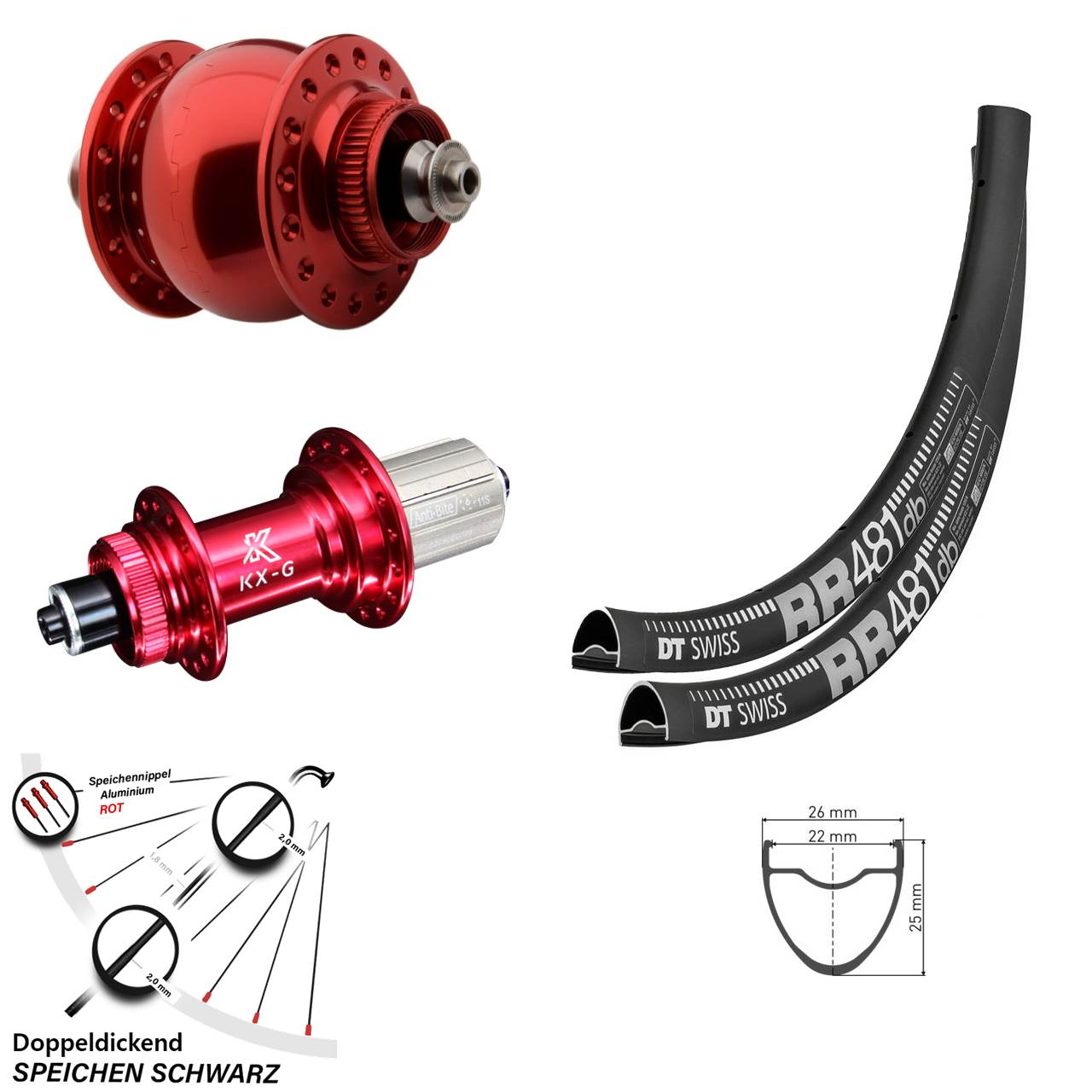 Laufradsatz DT Swiss RR 481 Dynamo SON 28 Zoll KX-G rot Centerlock