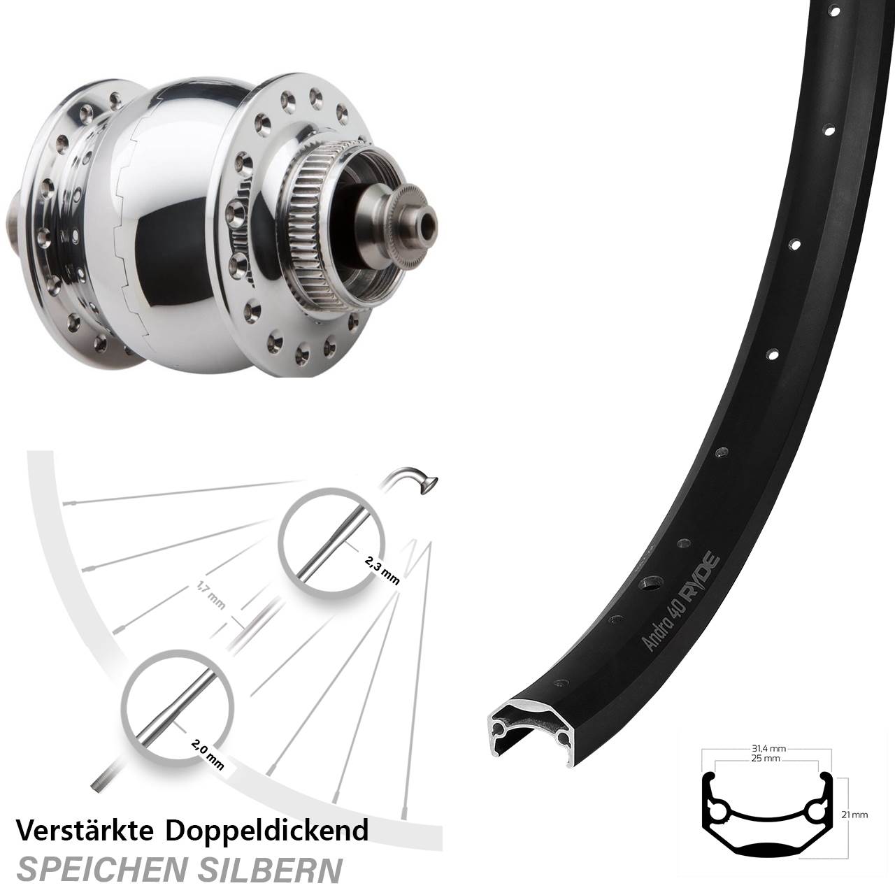 SON 28 Ryde Andra 40 Disc 20 Zoll Vorderrad mit Nabendynamo QR