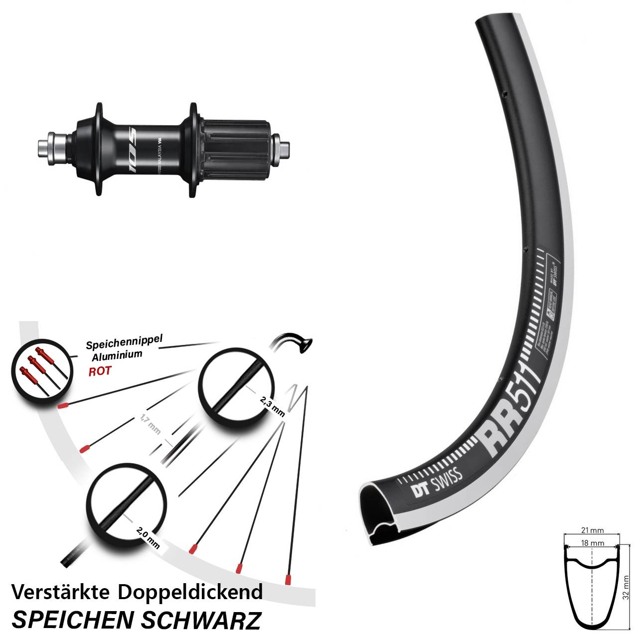 Hinterrad 28 Zoll DT Swiss RR 511 Shimano FH-R7000 8-12 fach HG QR